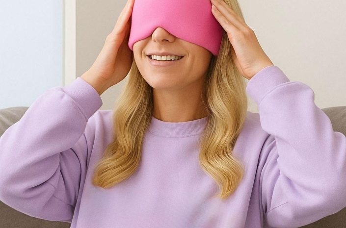 Woman smiling while wearing a pink sleep mask over her eyes and a lavender sweatshirt.