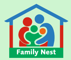 Family Nest logo: a family inside a blue-roofed house with a green banner reading 'Family Nest'.