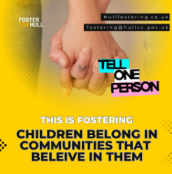 Bright yellow poster showing two hands clasped, urging viewers to tell one person about fostering and that children belong in communities that believe in them.