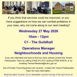 Poster for Hull Tenants' Forum: 'Help to shape the future of Hull’s Housing Service' with three meeting/photos thumbnails, and event details: Wed 27 May 2026, 10am–12pm, C1 The Guildhall; includes contact info and partner logos.