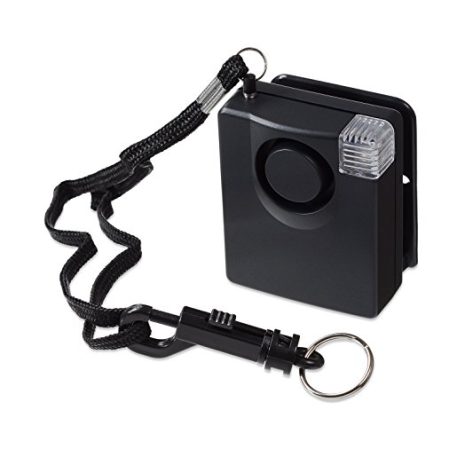 Black compact keychain flashlight with a circular power button, attached to a braided lanyard and metal key ring.