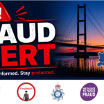 Fraud alert banner with a red warning icon and bold 'FRAUD ALERT' text, sunset bridge backdrop and a map of Humberside labeled 'Protecting people across Humberside'.