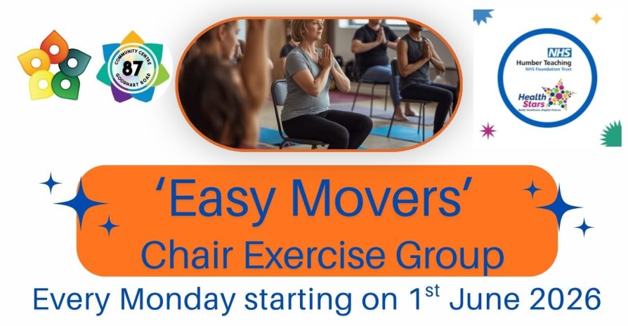 Poster announcing 'Easy Movers' chair exercise group every Monday starting 1 June 2026, with people seated and practicing.