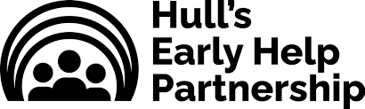 Hull's Early Help Partnership logo with three abstract people inside concentric circular arcs and bold text