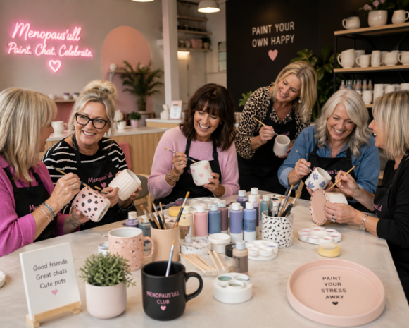 Six women around a table painting ceramic mugs at a colorful workshop, smiles and craft supplies visible beneath pink decor in the background.