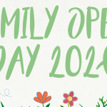 Banner reading 'FAMILY OPEN DAY 2026' in bright green letters, with colorful flowers, butterflies, and windmills on a pale textured background.