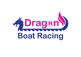 Dragon Boat Racing logo with a blue dragon head forming the boat, pink 'Dragon' text, and blue 'Boat Racing' beneath.