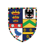 Colorful heraldic shield with multiple quarters, each bearing different emblems such as crowns, an eagle, chevrons, and small symbols (soccer balls, birds, and decorative motifs).