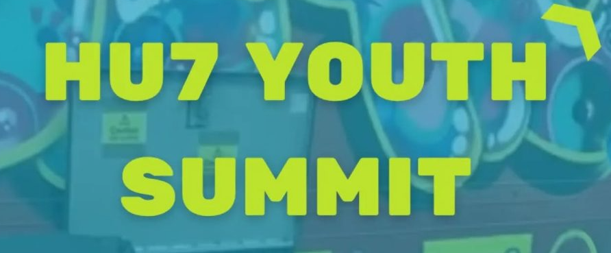 Bright lime text reads 'HU7 YOUTH SUMMIT' on a blue banner, indicating an event for a youth summit.