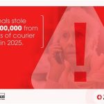 Red public-service banner about courier fraud: criminals stole £21,000,000 from victims in 2025, with a large exclamation mark and a person on the phone in the background.