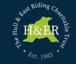Logo for The Hull & East Riding Charitable Trail (H&R), featuring a green globe with H&R initials on a blue background, established 1985.