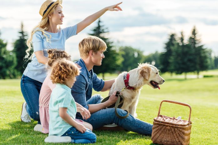 Family outdoors on a sunny day: woman in a hat points into the distance while seated with a man and two kids and a golden retriever at their feet, picnic basket nearby.
