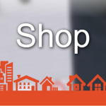 Shop banner with white 'Shop' text above a red-orange skyline of buildings and houses on an orange strip