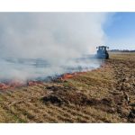 Agricultural field being burned with visible flames and heavy smoke, a tractor visible in the distance guiding the burn, on flat land.